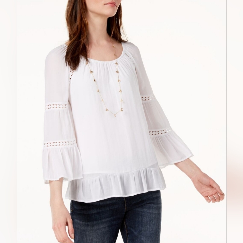 INC International Concepts Women's Ruffled Crochet-Trim Top, White Size Medium